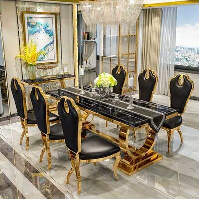 Rectangle Shape Dubai 8 Seater Marble Dining Table Set Stainless Steel Base With Chairs