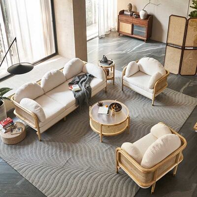 Wood Rattan Living Room Simple Sofa Country Style Sponge Upholstery Teddy Fabric