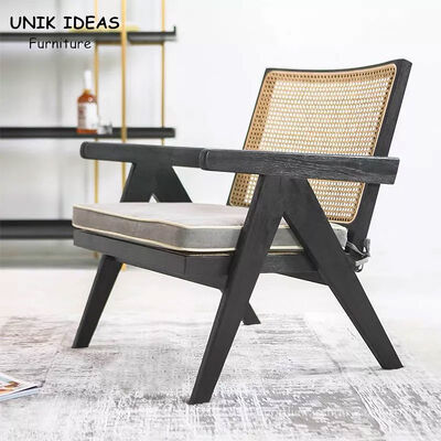 Harga bagus Black Solid Wood Rattan Back Armchair Living Room Balcony Lounge Chair on line