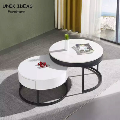 Harga bagus Vintage White Luxury Marble Top Coffee Table With Drawer Storage Black Steel Base on line