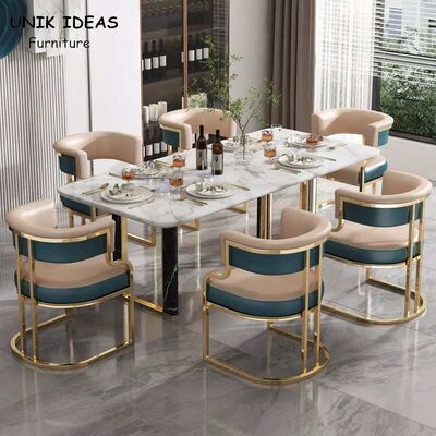 Harga yang bagus Luxury Style Metal Leather Dining Table And Chairs Iron Gilded Legs Leather Seat OEM on line