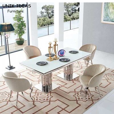 Harga yang bagus Luxury Glass Dining Room Table Set 6 Chairs With Metal Leg Chrome on line