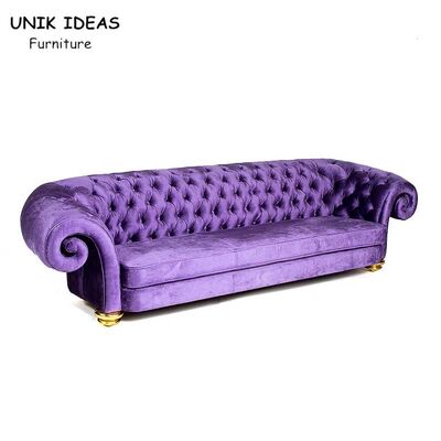 Harga bagus Purple Velvet 3 Seats Button Tufted Sofa Wood Frame Club Lounge Sofa on line