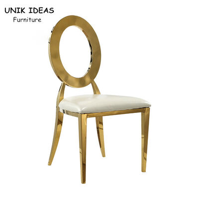 Harga yang bagus Stainless Steel Gold Round Back Wedding Dining Chairs With White Leather Cushion on line