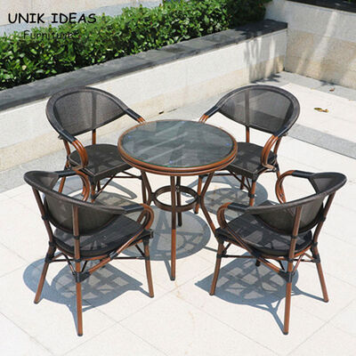 Harga bagus Woven Black Stackable Outdoor Dining Chairs Mesh Frame Aluminum Restaurant 83cm on line