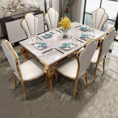 Harga yang bagus White Marble Dining Table And Chairs Set Stainless Steel Rectangle on line