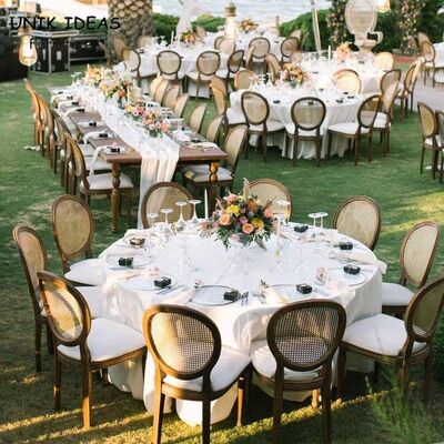 Harga bagus Hall Wedding Banquet Chairs For Rental Round Cane Back Wooden Louis 50x55x91cm on line