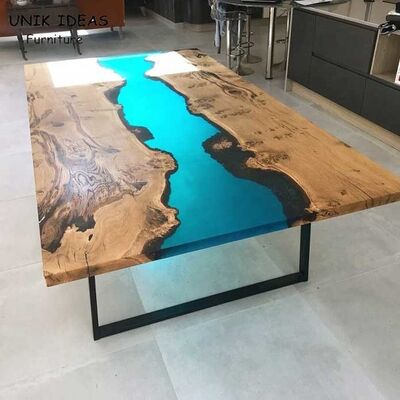 Harga yang bagus Epoxy Resin Live Edge River Wood Plank Dining Table Counter Desk Top Home Kitchen Blue on line